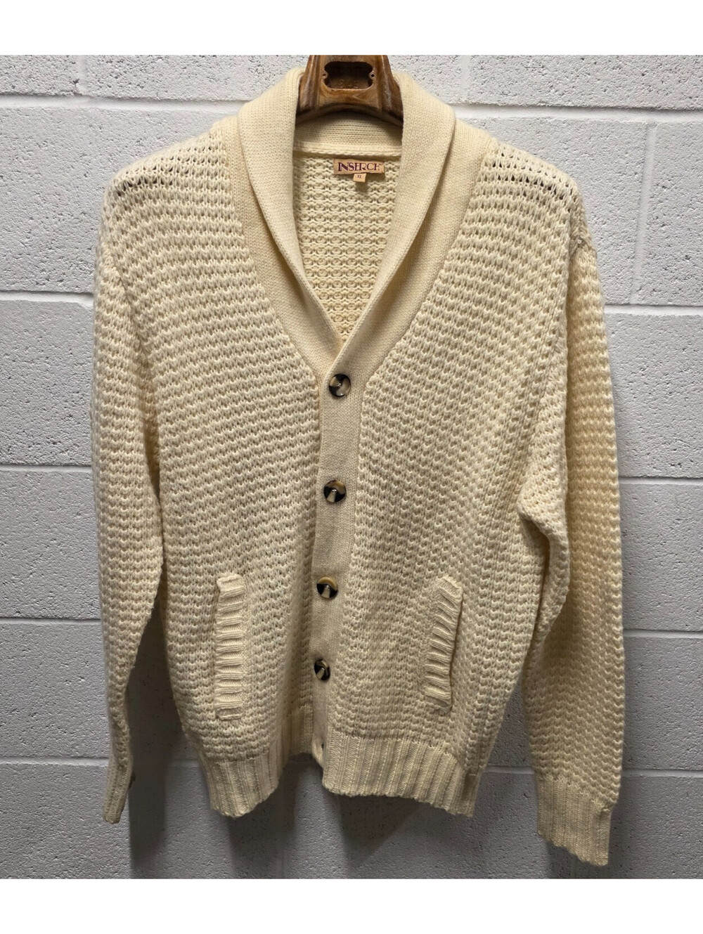 VTG 90s Inserch Mens XL 3D Knit Full zip Sweater Ivory chunky Knit Cardigan Wool